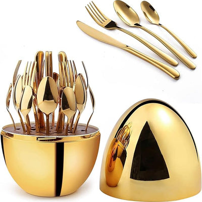 Ramadan Offer MOOD Egg Shaped Spoon Holder Set with Case & 24 Spoons Gold